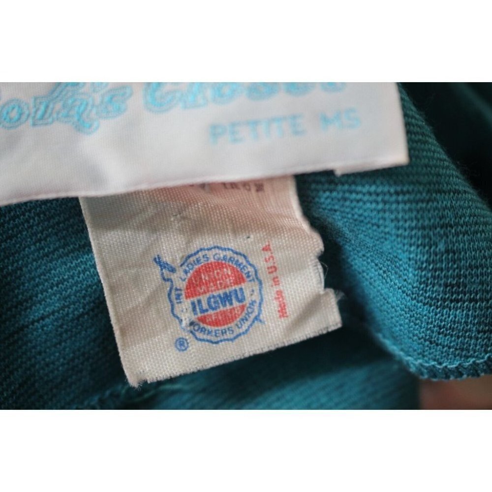 Vintage 70s Cora's Closet Turquoise Wool Elastic Waist Deco Buttons Dress Size S - Picture 6 of 7